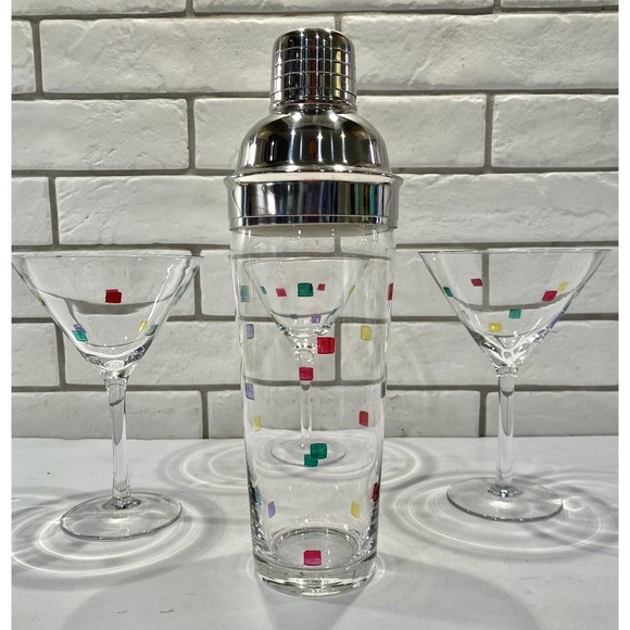 Art Deco Glass Martini glasses Confetti with Matching Shaker Qty 3 - Picture 3 of 12